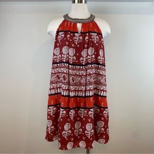 Anthropologie Ranna‎ Gill Kaza Swing Dress Sleeveless Sz 4 Red Motif Halter Neck
